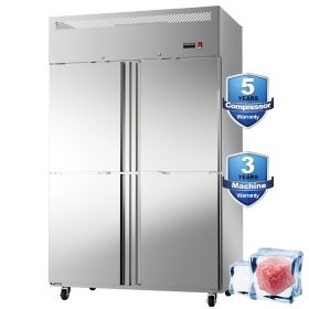 4-Door Upright Freezer with 8 Adjustable Shelves, 48" Wide Stainless Steel Reach-in, Temperature Control -1°F ~ 8°F