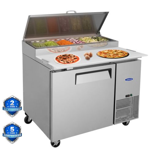 Orikool 44 IN Commercial Pizza Prep Table with a Built-in Refrigerator 11 Cu.Ft, Butcher Block Cutting Board, Protection Lid, Cold Storage Orikool 44 IN Commercial Pizza Prep Table with a Built-in Refrigerator 11 Cu.Ft, Butcher Block Cutting Board, Protection Lid, Cold Storage